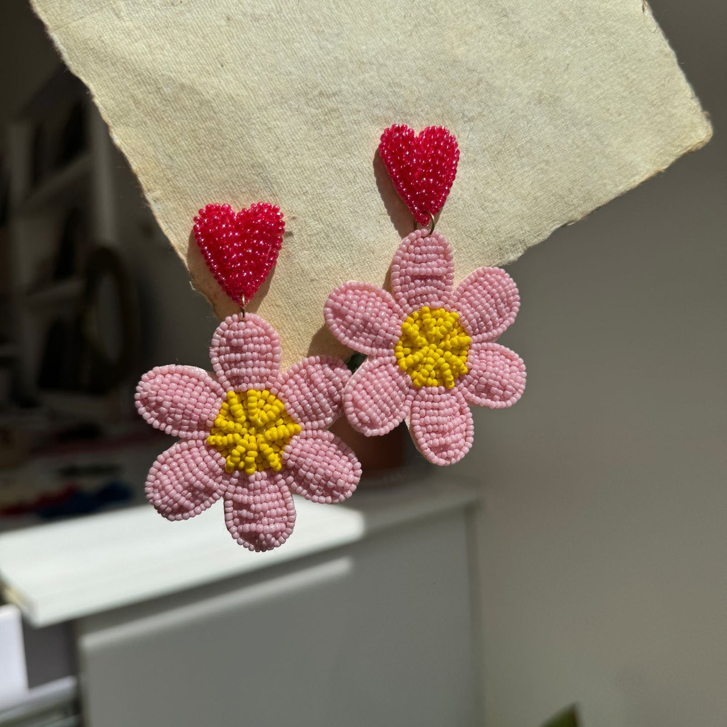 Heart Daisy Beaded Embroidery Earrings