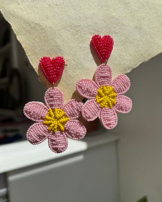 Heart Daisy Beaded Embroidery Earrings