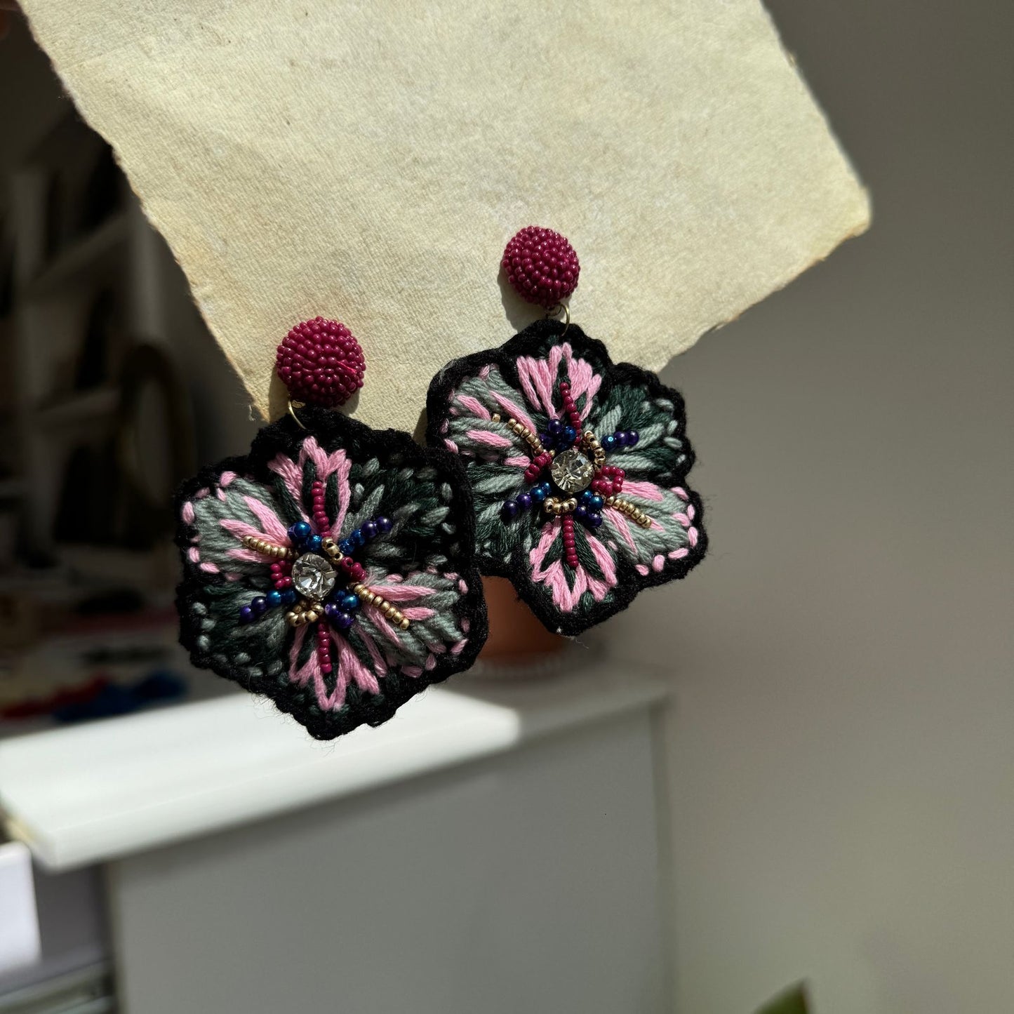 Full Flower Thread and Beadwork Earrings