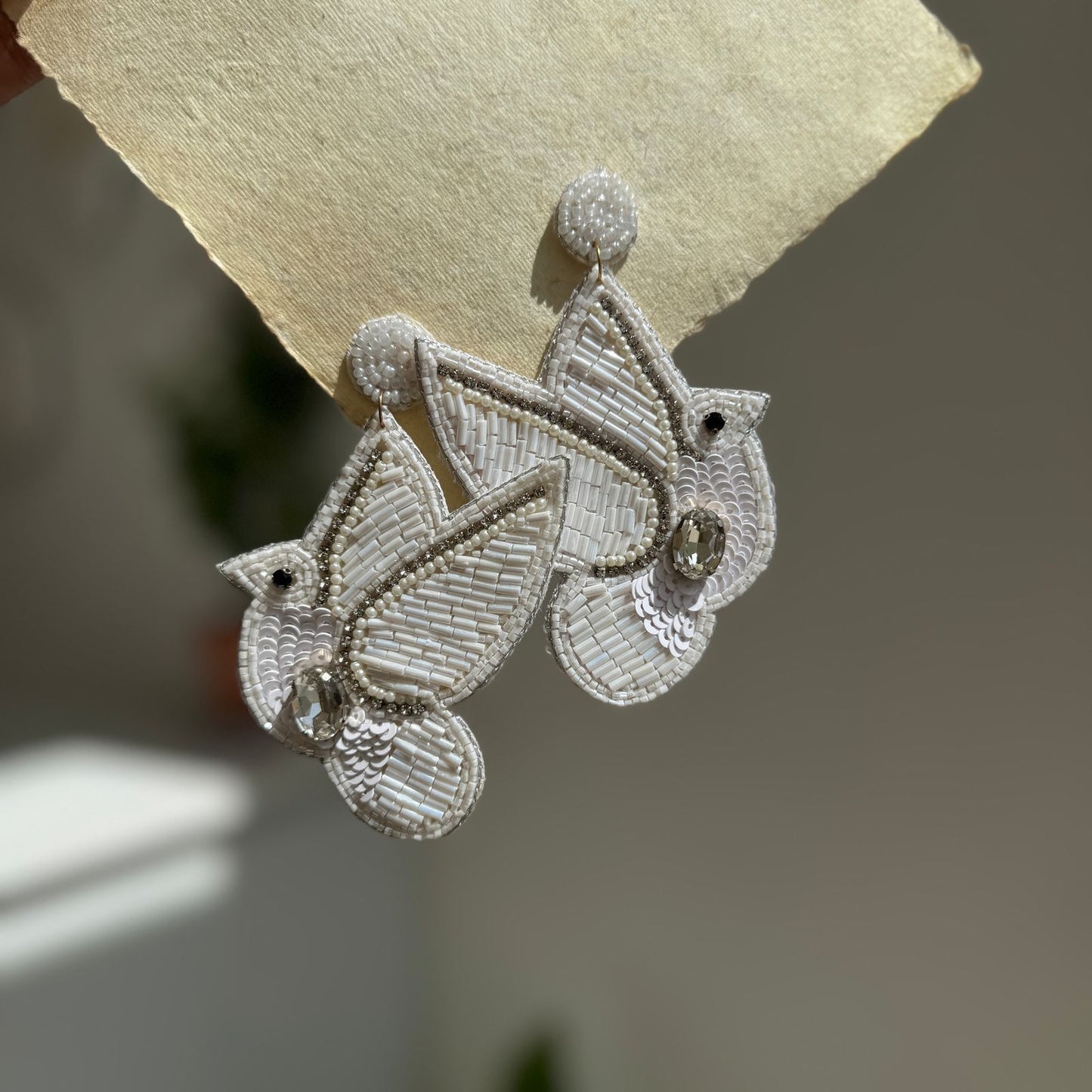 White Bird Beaded Embroidery Earrings