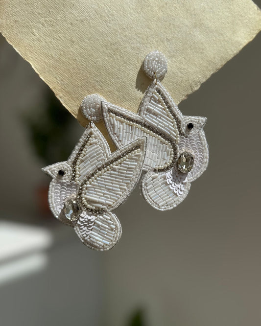 White Bird Beaded Embroidery Earrings