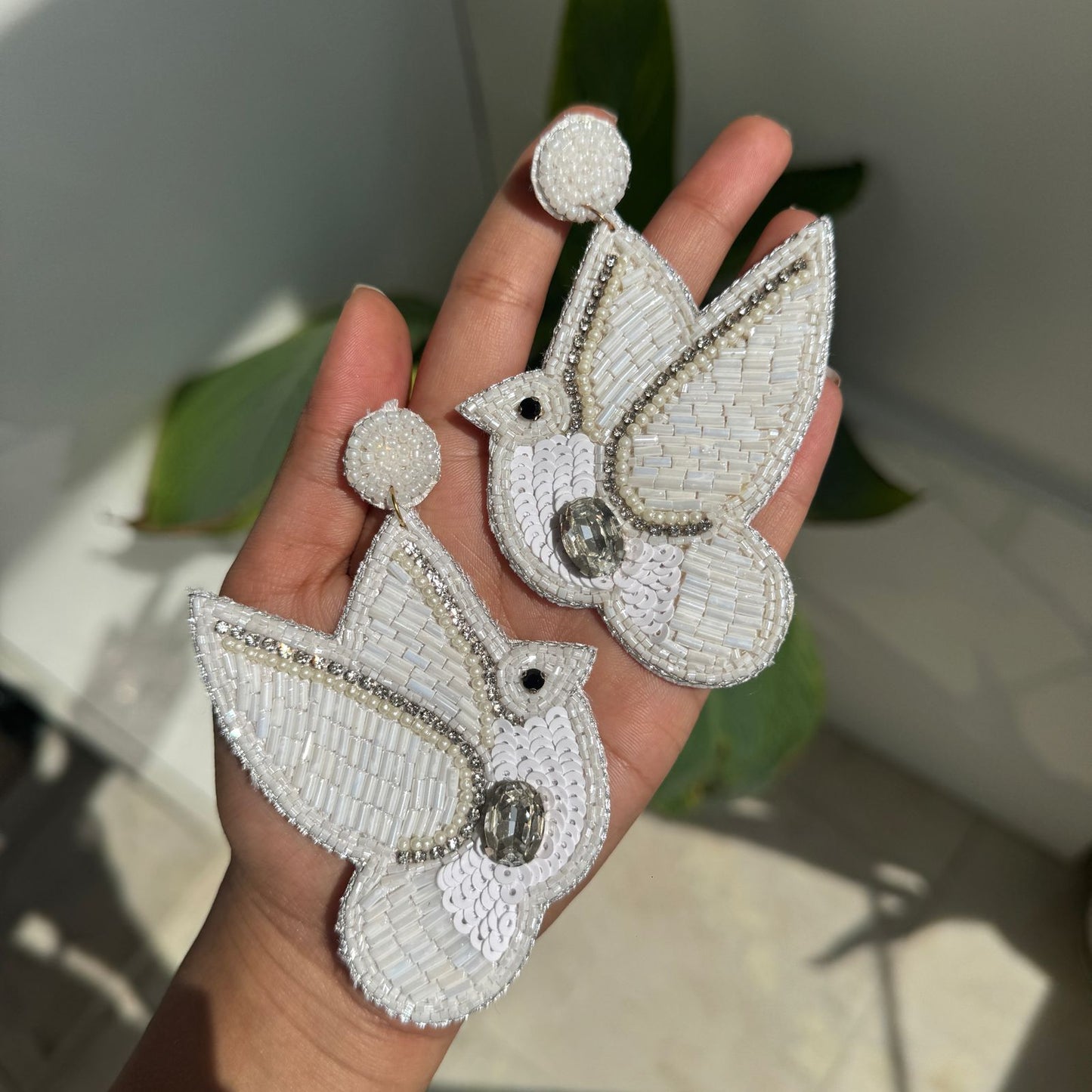 White Bird Beaded Embroidery Earrings