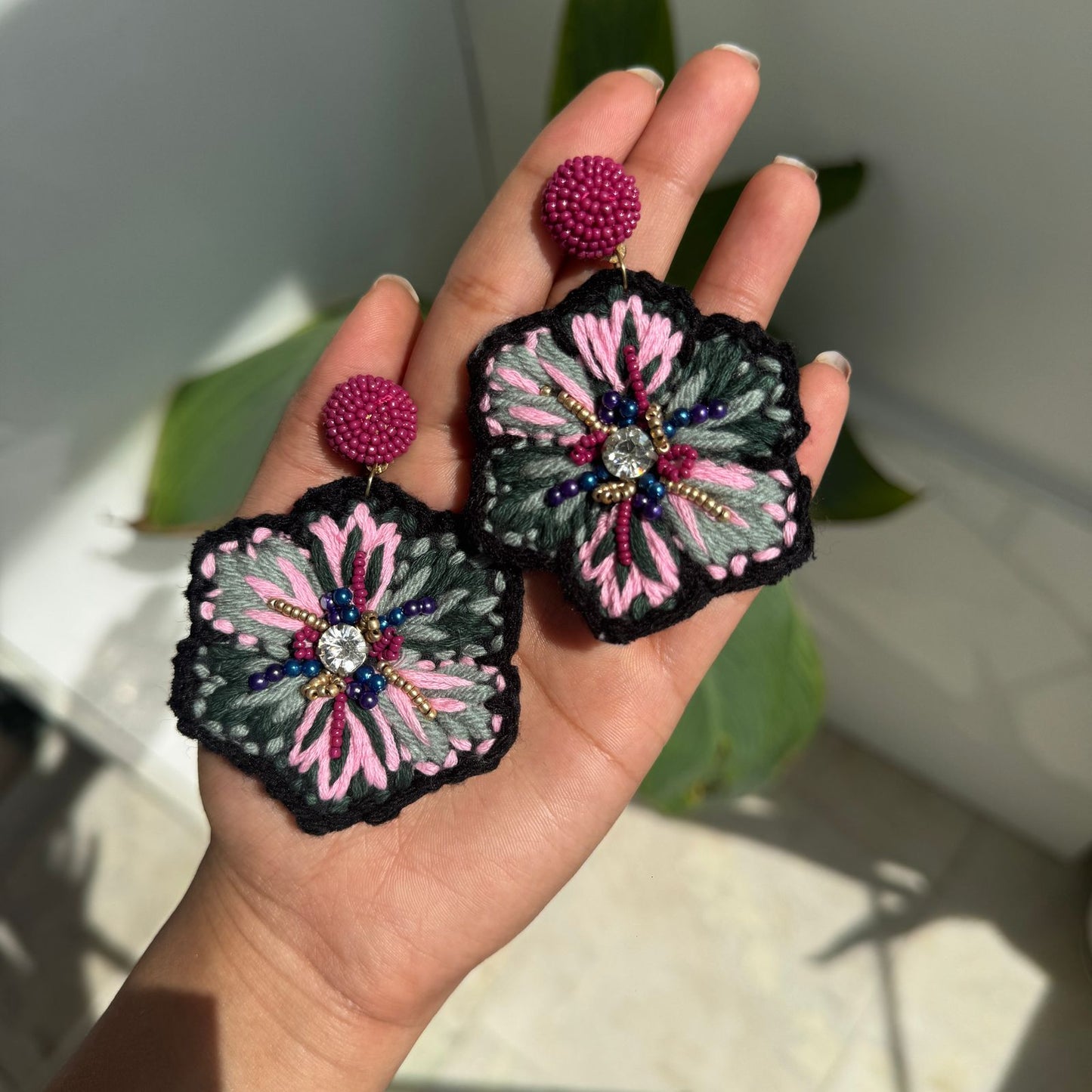 Full Flower Thread and Beadwork Earrings
