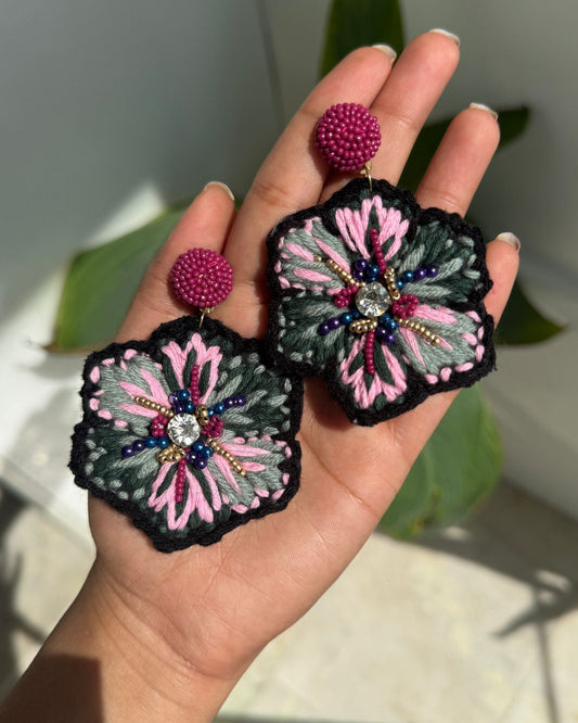 Full Flower Thread and Beadwork Earrings