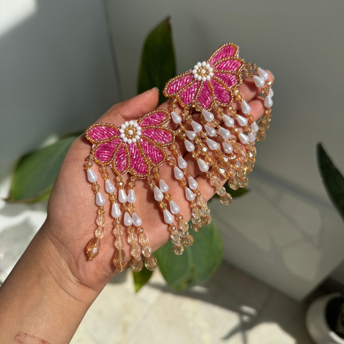 Flower Tassle Beaded Embroidery Earrings