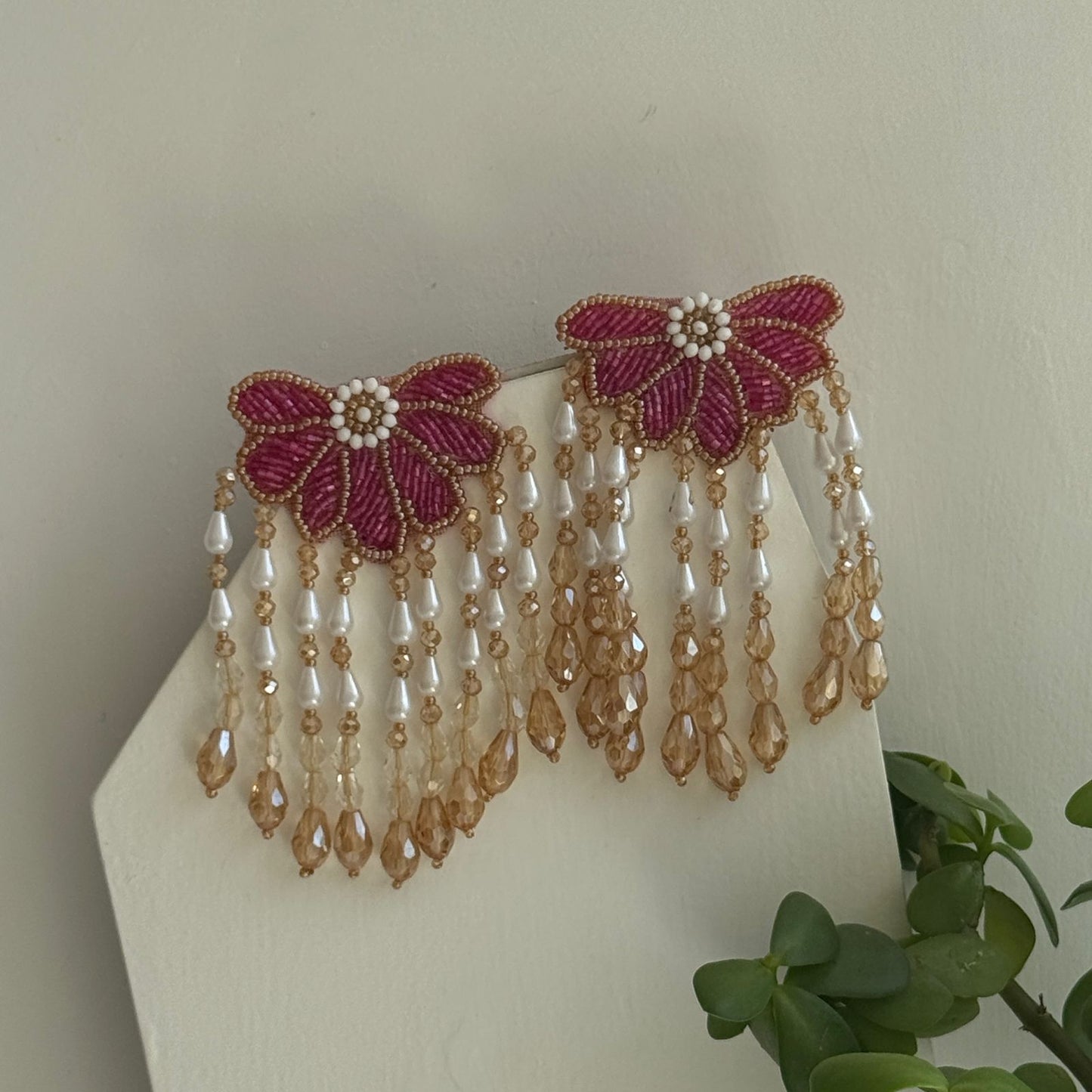 Flower Tassle Beaded Embroidery Earrings
