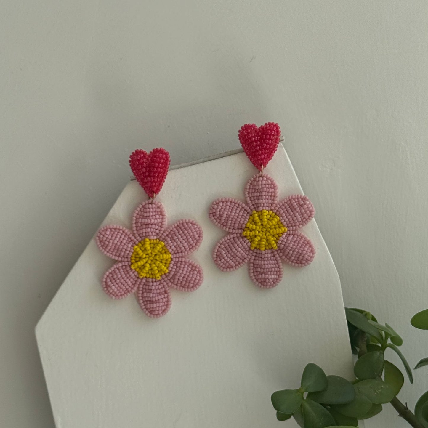 Heart Daisy Beaded Embroidery Earrings