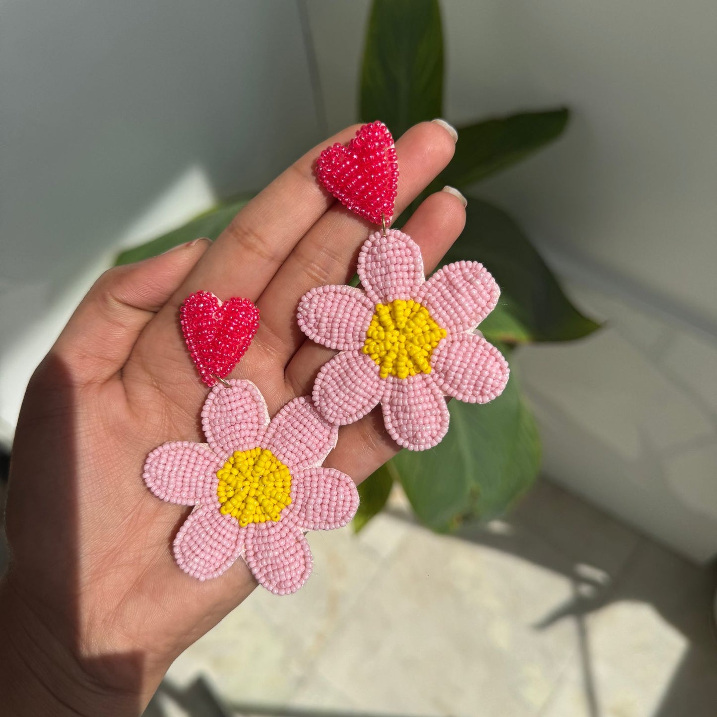 Heart Daisy Beaded Embroidery Earrings