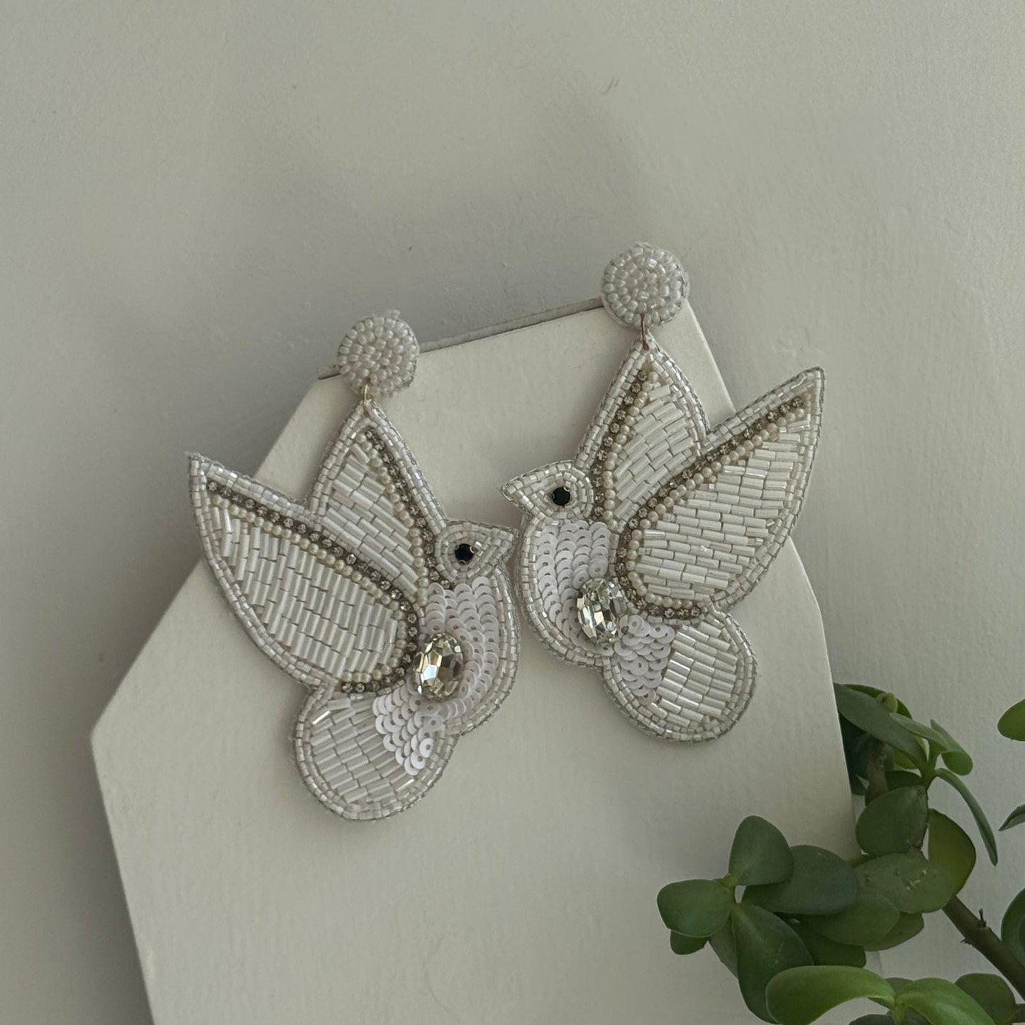 White Bird Beaded Embroidery Earrings